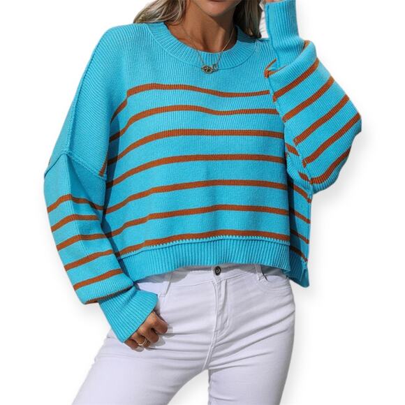 Free People Blue Striped Oversized Knit Sweater Pullover Long Sleeve Sz Small - Picture 2 of 10